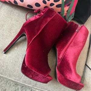 Velvet High Heel Platform Booties - wine red / burgundy